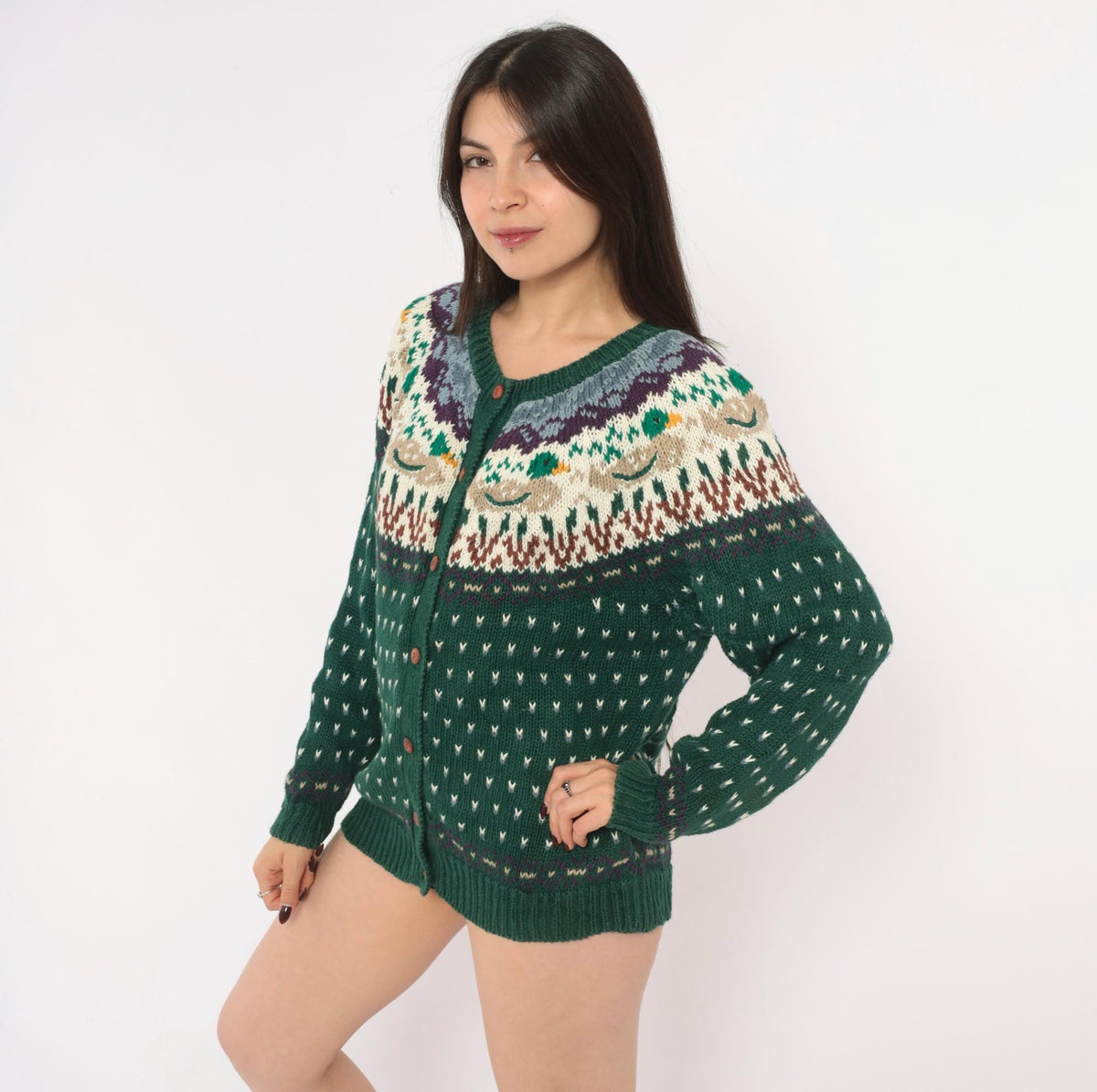 90s Northern Isles Fair Isle Cardigan Mallard Duck Forest Green Medium
