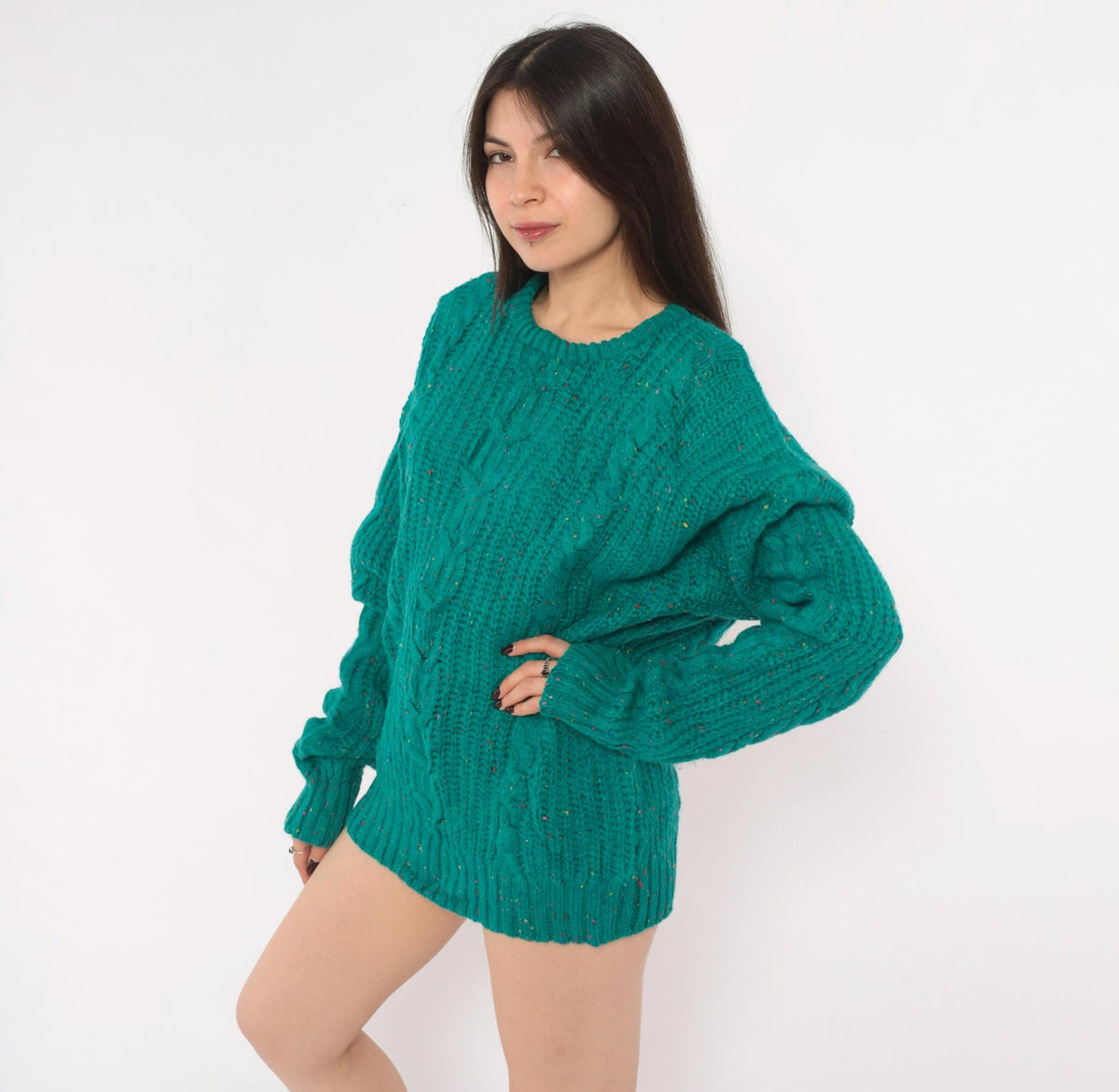 90s Cattivo Teal Cable Knit Wool Sweater Multicolor Speckled Crewneck Extra Large