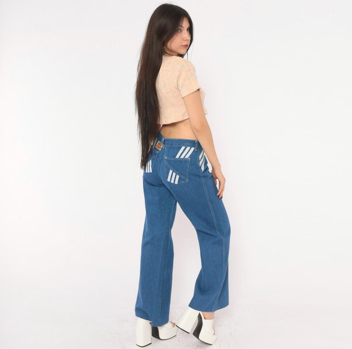 70s Viceroy Sportswear Bell Bottom Jeans Blue Denim White Stripe Medium