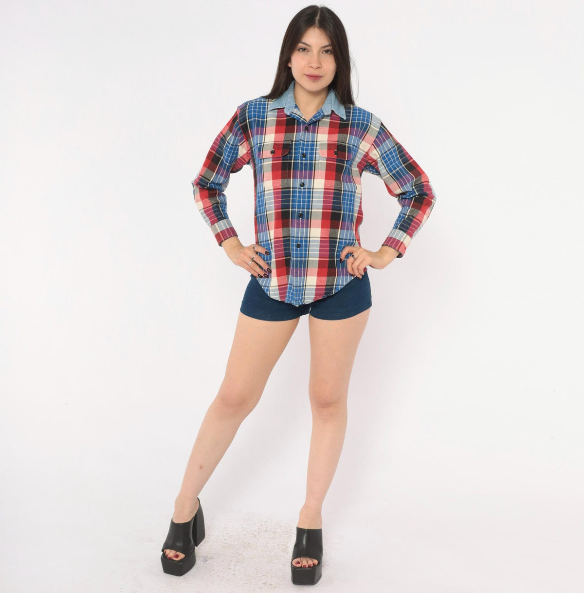 90s Plaid Flannel Shirt Blue Red Cotton Button-Up Small