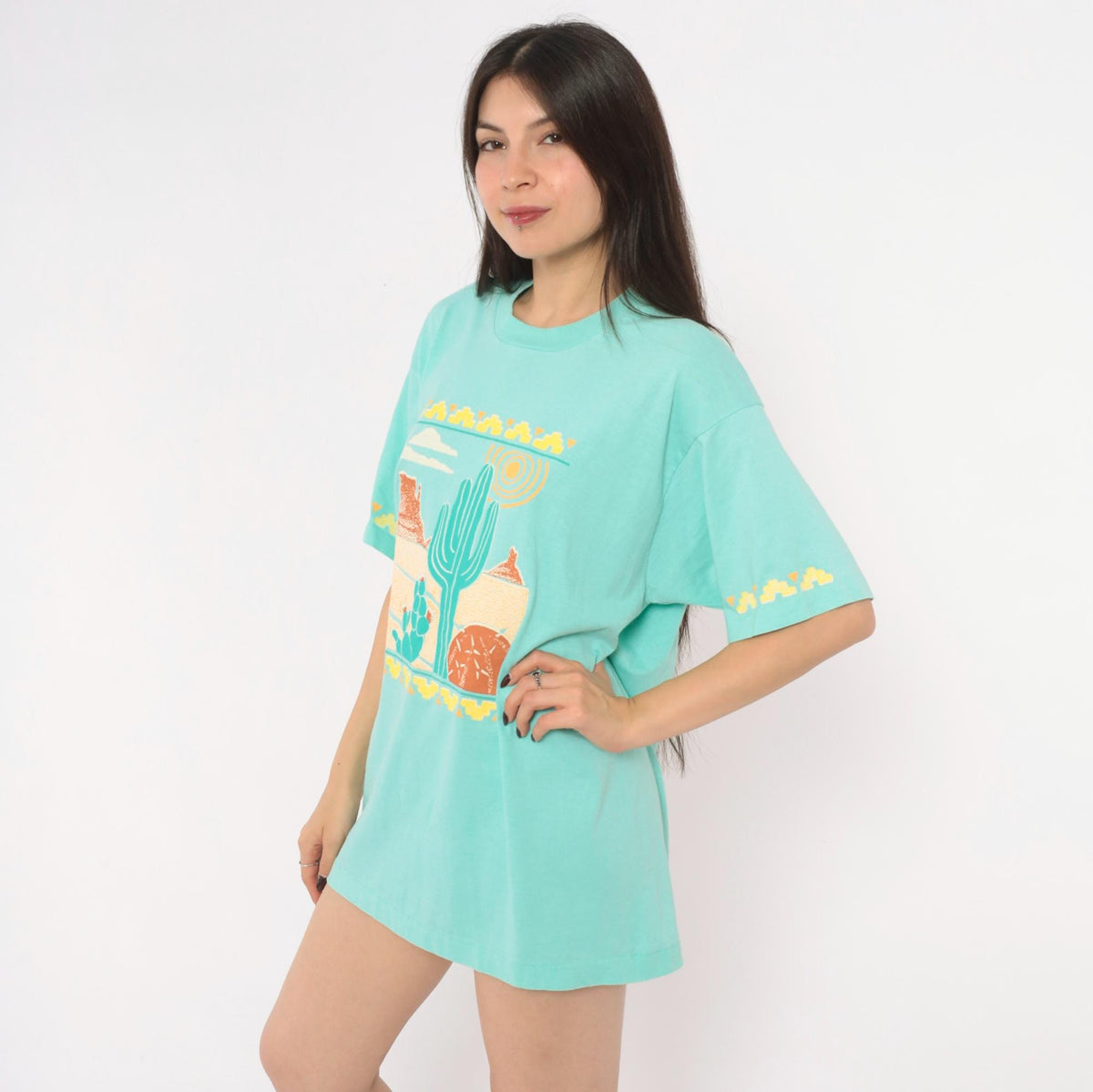 90s Screen Stars Desert Cactus Graphic Tee Seafoam Green Southwestern Extra Large XL
