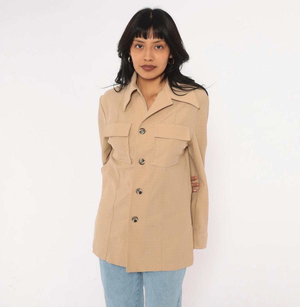 70s Haband Beige Button Front Jacket Pointed Collar Utility Shacket Medium M