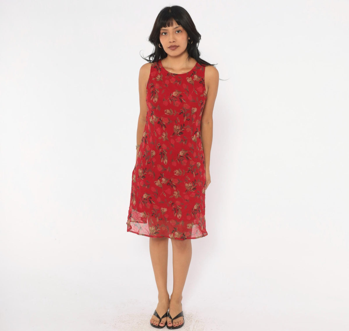 90s City Triangles Red Floral Dress Knee Length Sleeveless Small S