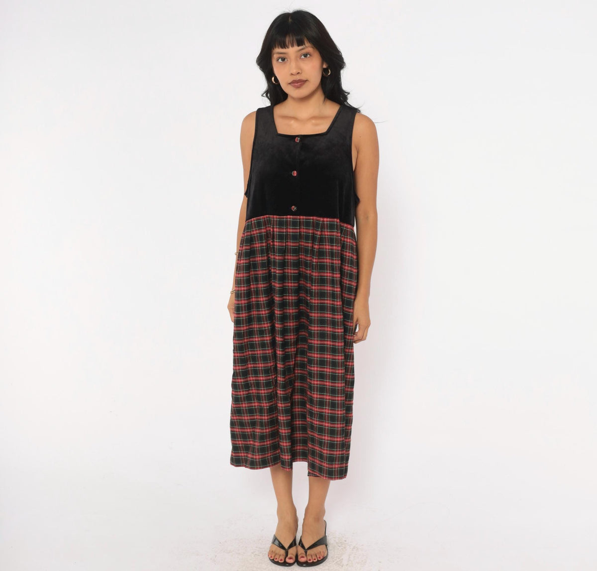 90s Pam's Closet Velvet Plaid Midi Dress Black Red Tartan Medium M