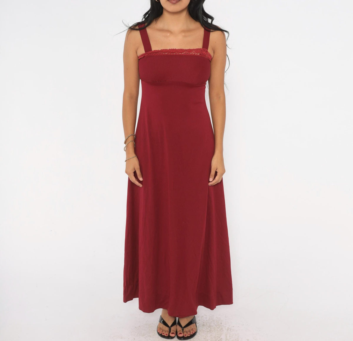 70s Burgundy Maxi Dress Empire Waist Crochet Trim Spaghetti Strap Extra Small XS