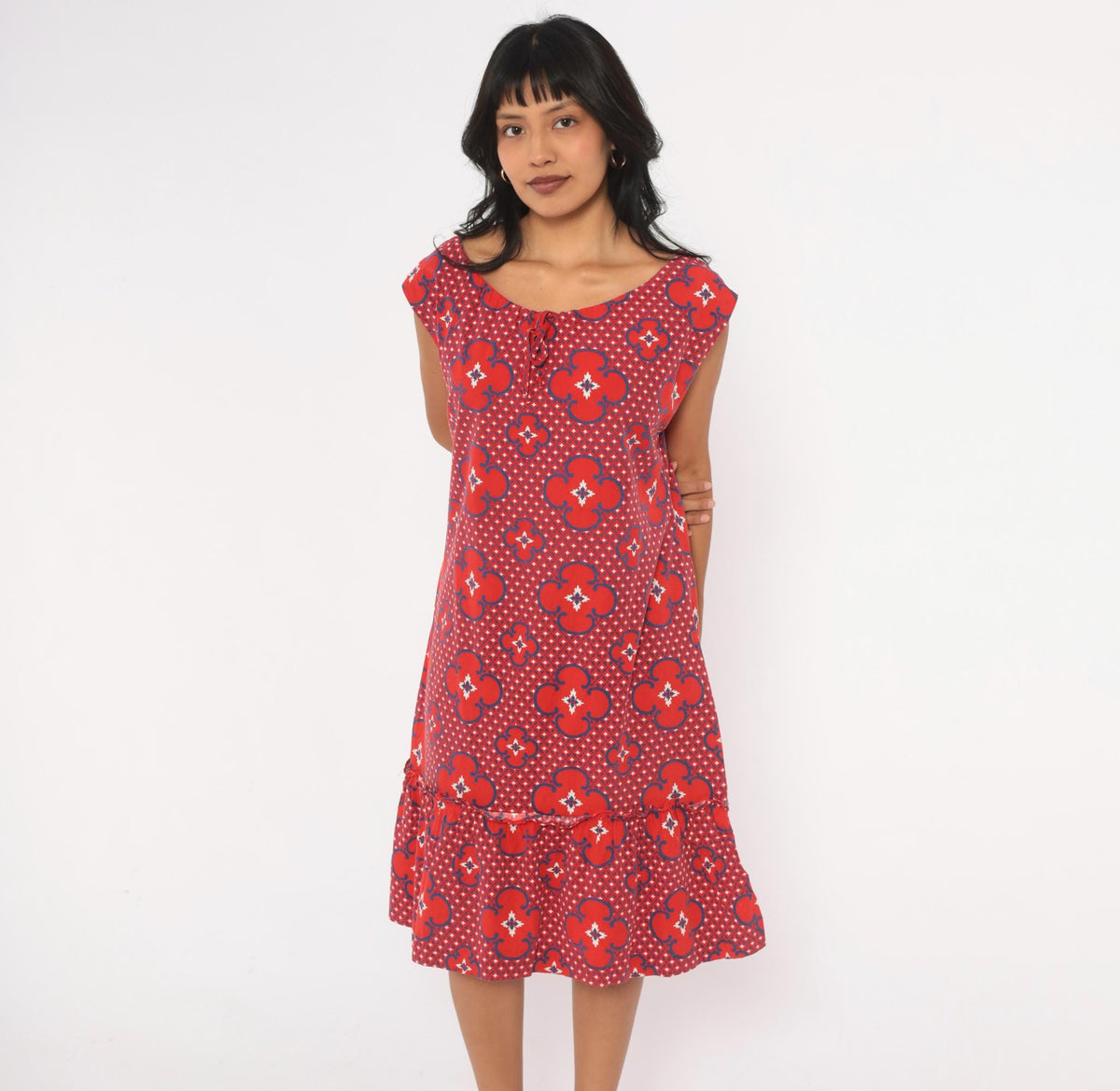 80s Red Floral Cotton Sundress Cobalt Geometric Print Drop Waist Cap Sleeve Large