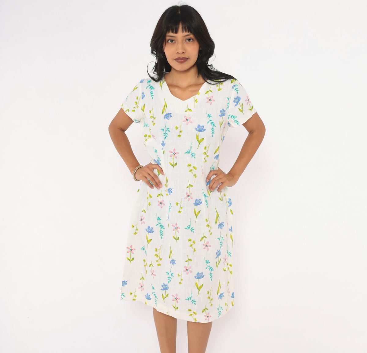 90s White Linen Floral Wildflower Dress V Neck Flutter Sleeve Knee Length Large L