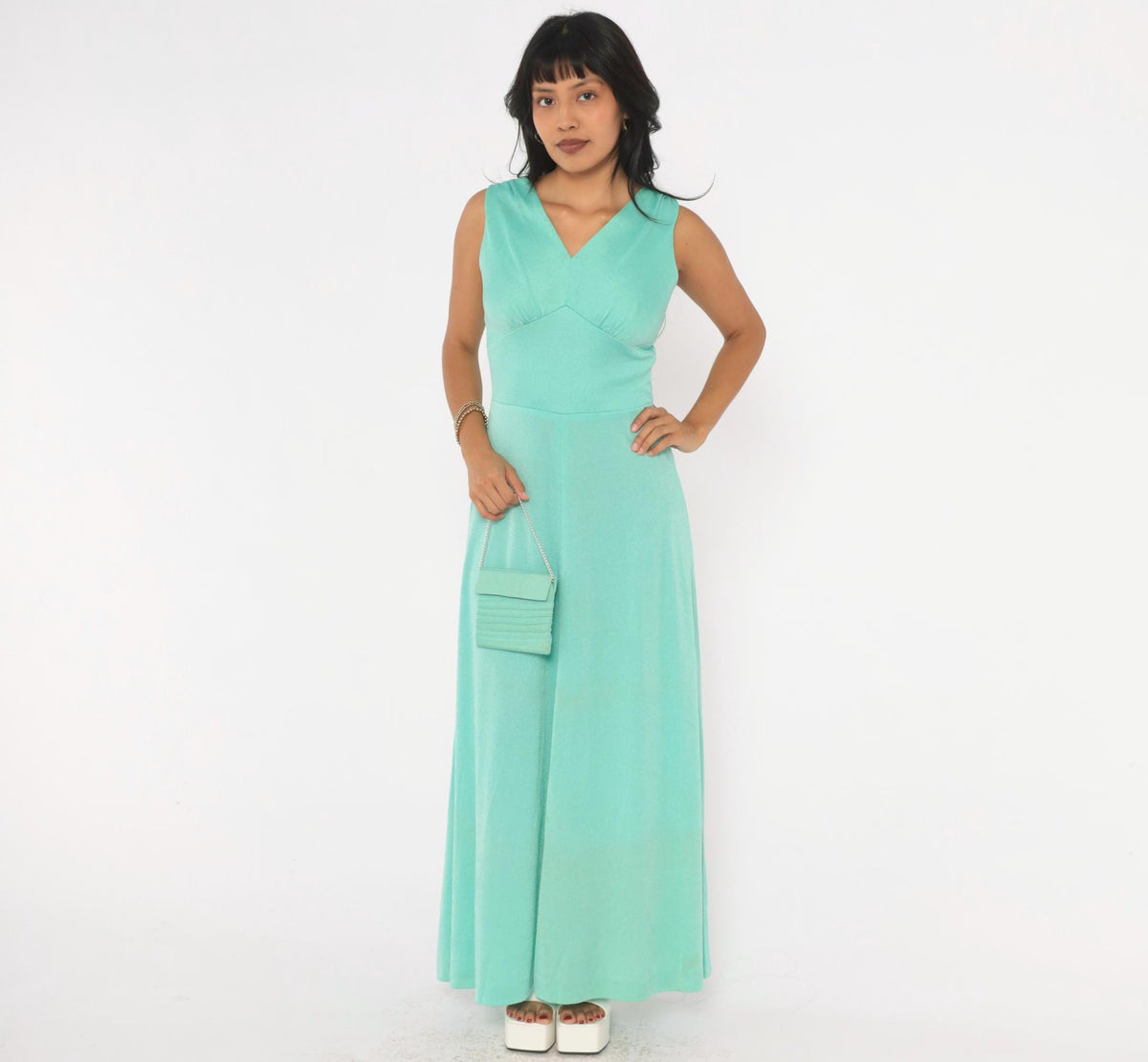 70s Mint Green Maxi Dress Sleeveless V-Neck Empire Waist A-Line Small