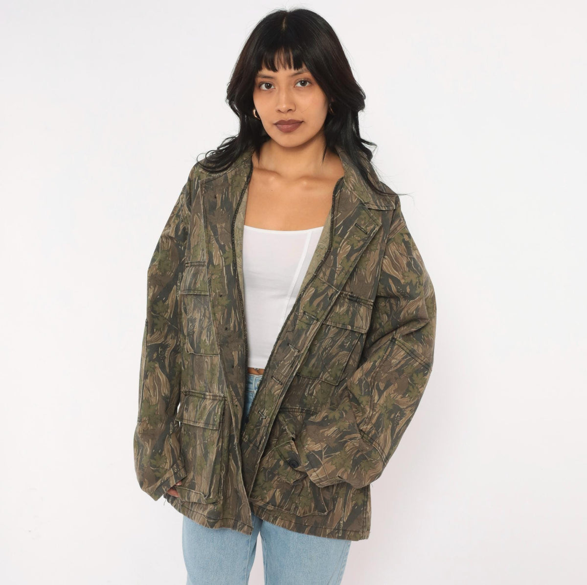 90s Camo Shirt Jacket Olive Brown Tree Leaf Print Button Front Cotton Large L