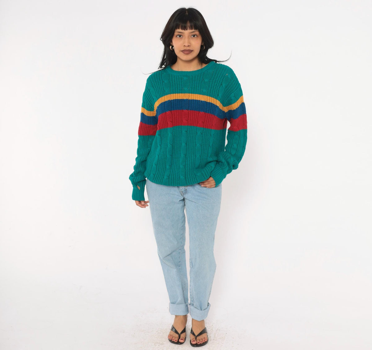 80s Teal Cable Knit Sweater Color Block Stripes Crew Neck Medium M