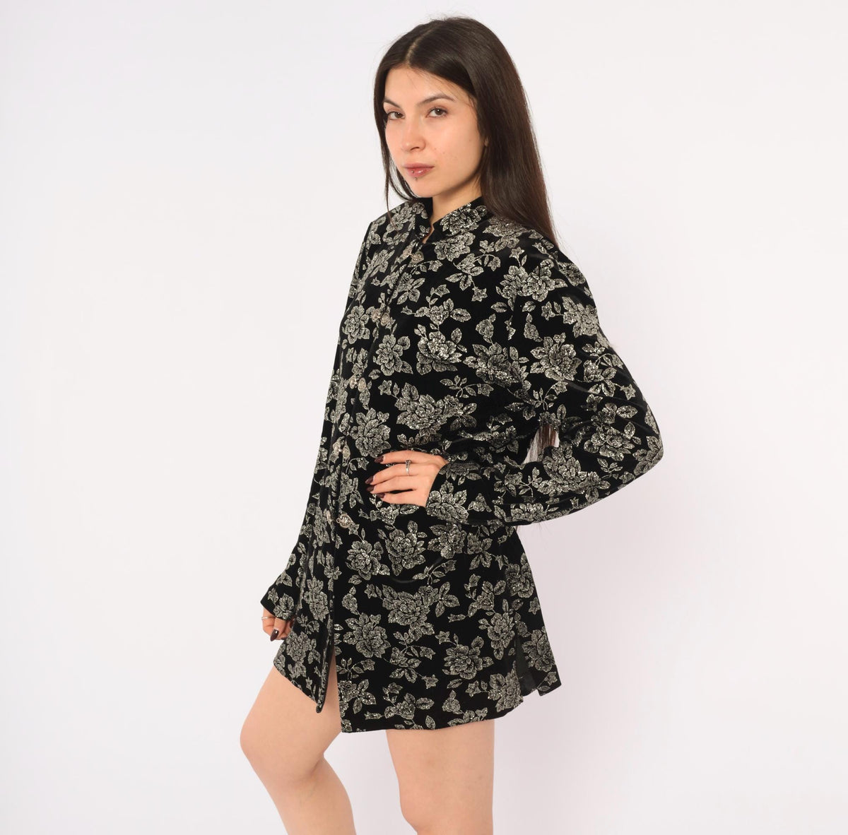 90s Black Velvet Jacket Silver Glitter Floral Mandarin Collar Large L