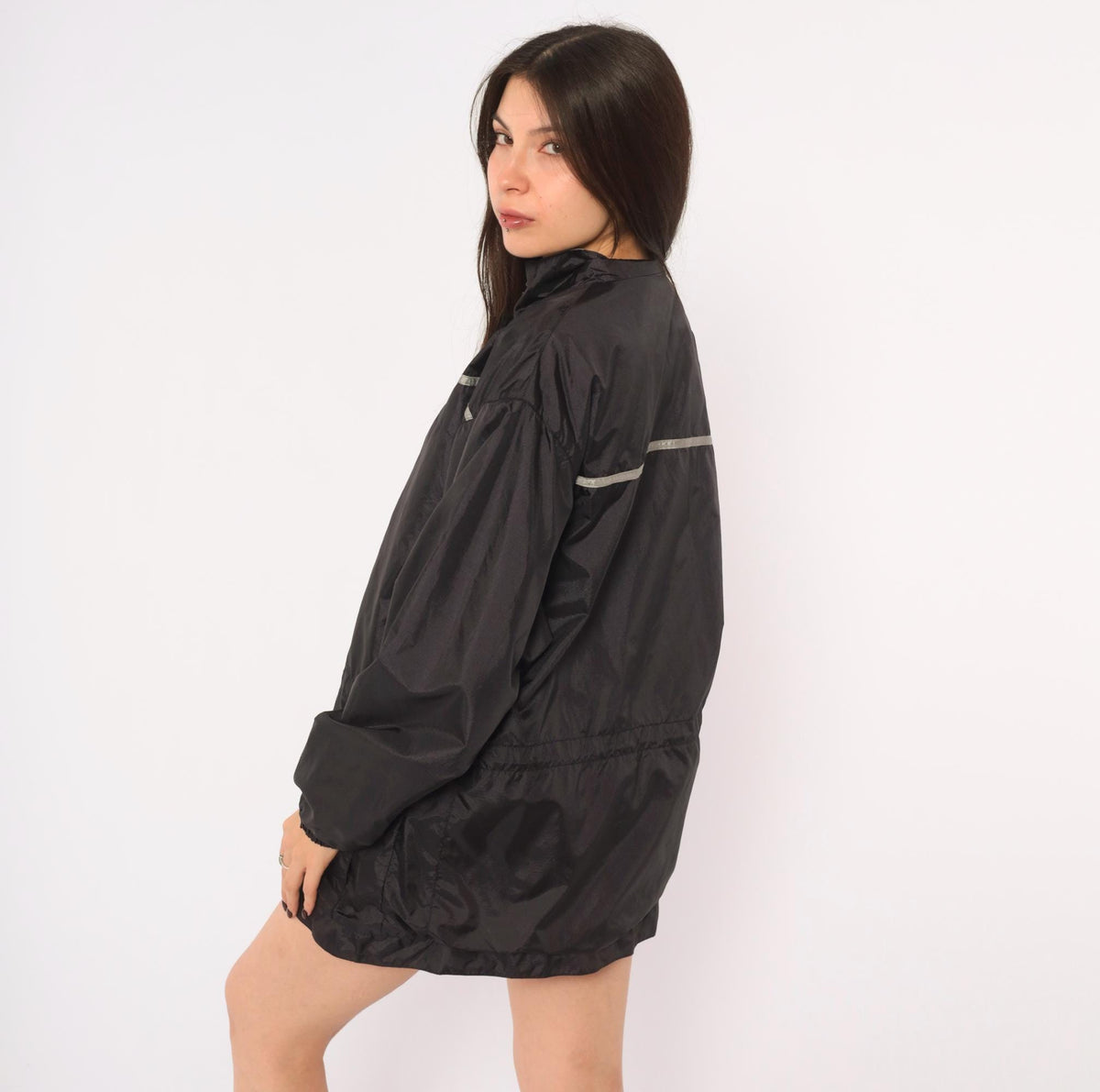90s Reebok Windbreaker Jacket Black Grey Reflective Stripe Medium M