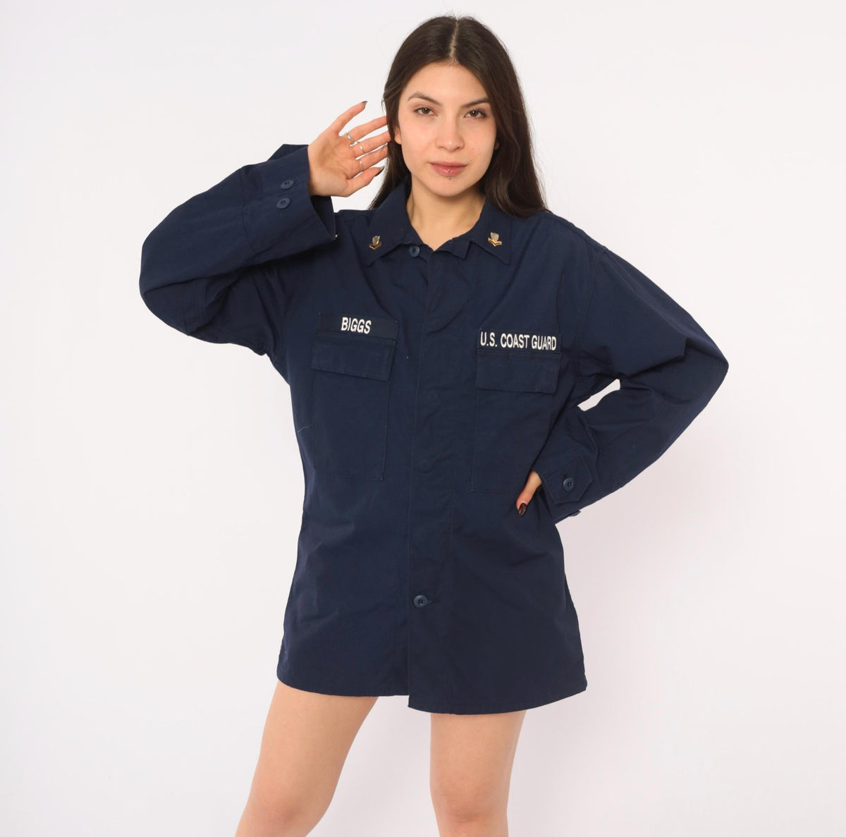 90s US Coast Guard Navy Jacket Military Utility Shirt Button Front Medium