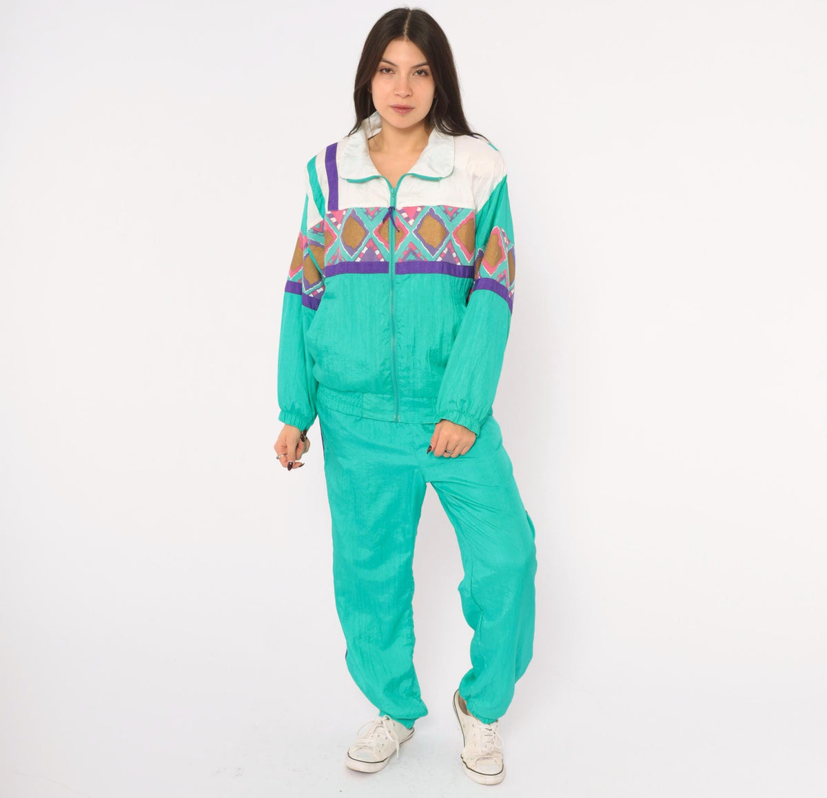 90s PS Sport Teal Tracksuit Set Windbreaker Jacket Jogger Pants Geometric Diamond Print Small