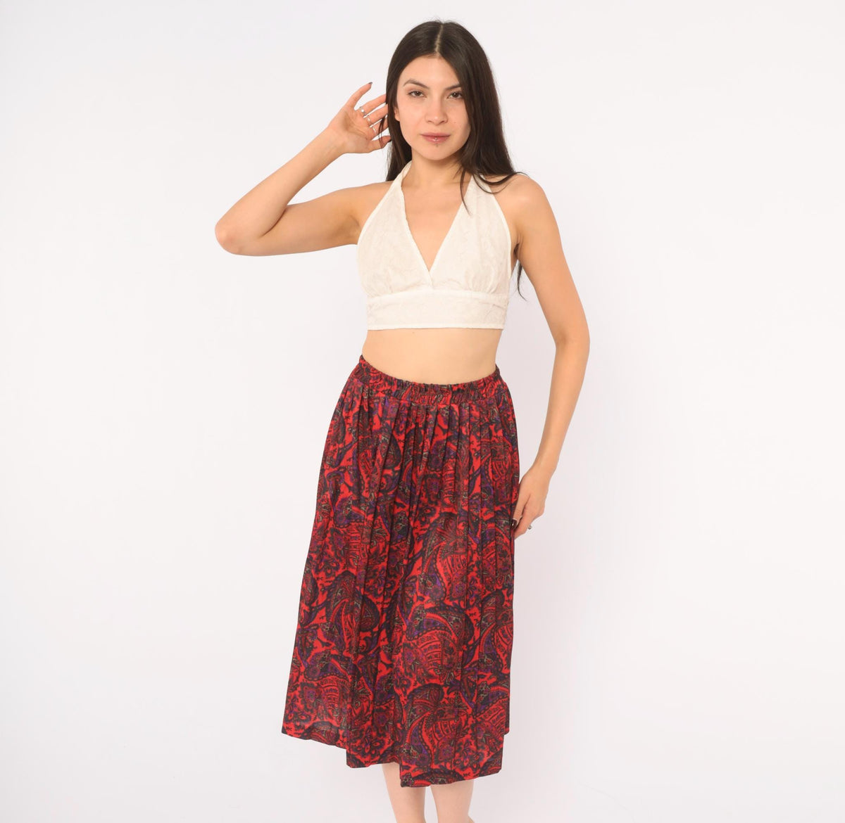 90s Paisley A-Line Skirt Red Black Purple Print Elastic Waist Large L