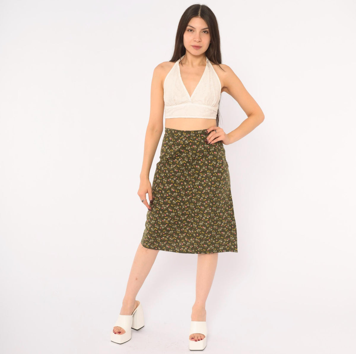 70s Olive Green Ditsy Floral A-Line Skirt High Waist Prairie Extra Small XS