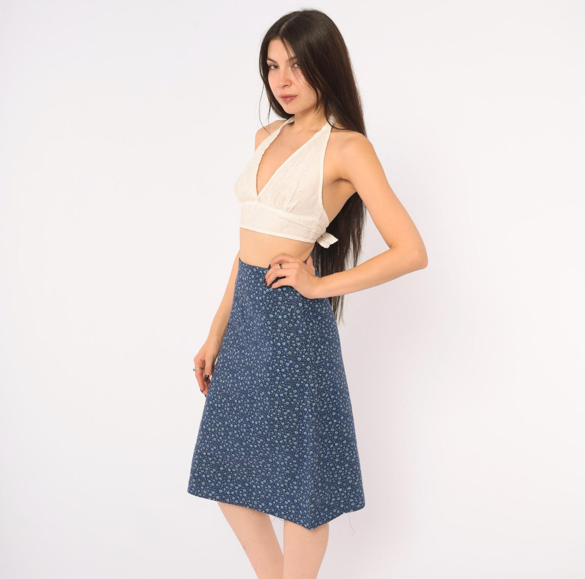 60s Navy Ditsy Floral Calico Cotton A-Line Skirt High Waist Extra Small