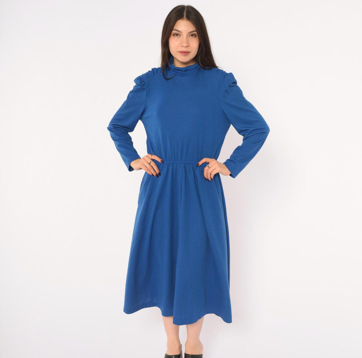 80s Cobalt Midi Dress Puff Shoulder Mock Neck A-Line Pockets Royal Blue Medium M