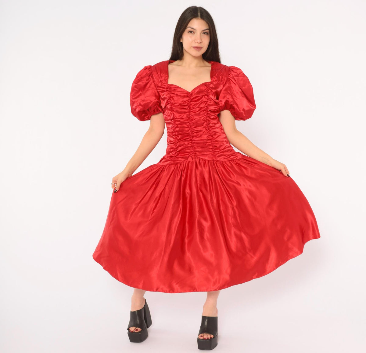 80s Red Prom Dress Sweetheart Neckline Puff Sleeve Open Back Midi Medium