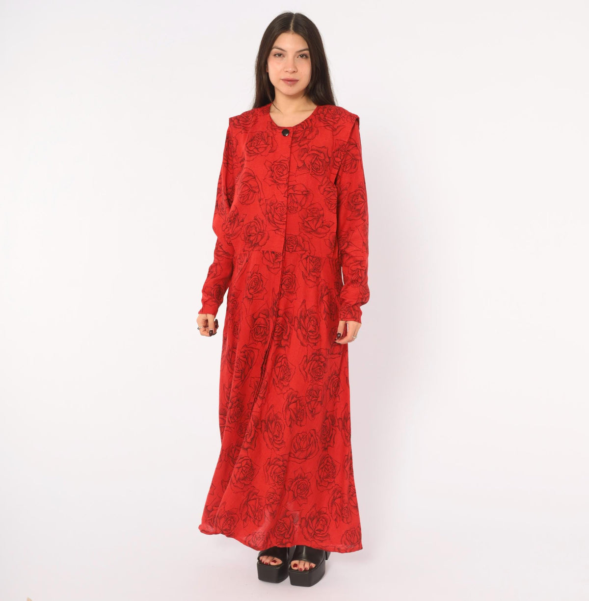 80s Red Rose Print Linen Dress Black Floral Ankle Length Button Front Medium