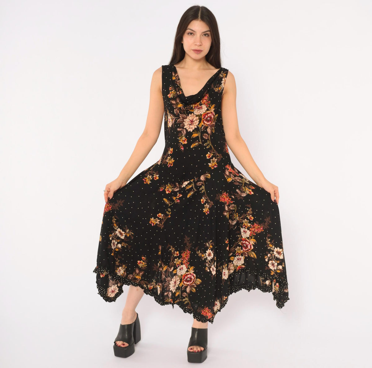 90s Black Floral Midi Dress Cowl Neck Handkerchief Hem Medium M