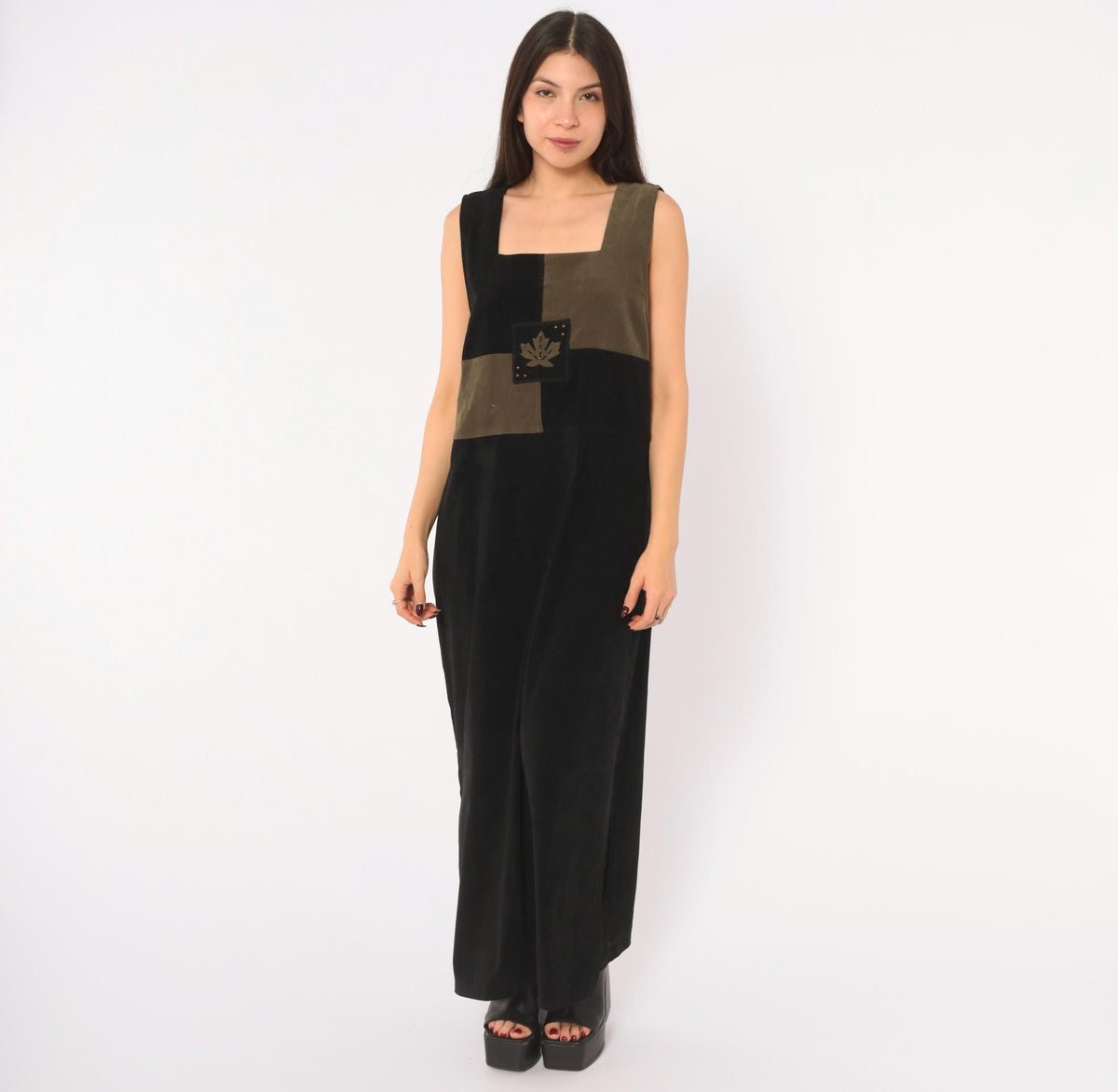 80s Jaclyn Smith Black Olive Color Block Maxi Dress Leaf Applique Extra Large XXL