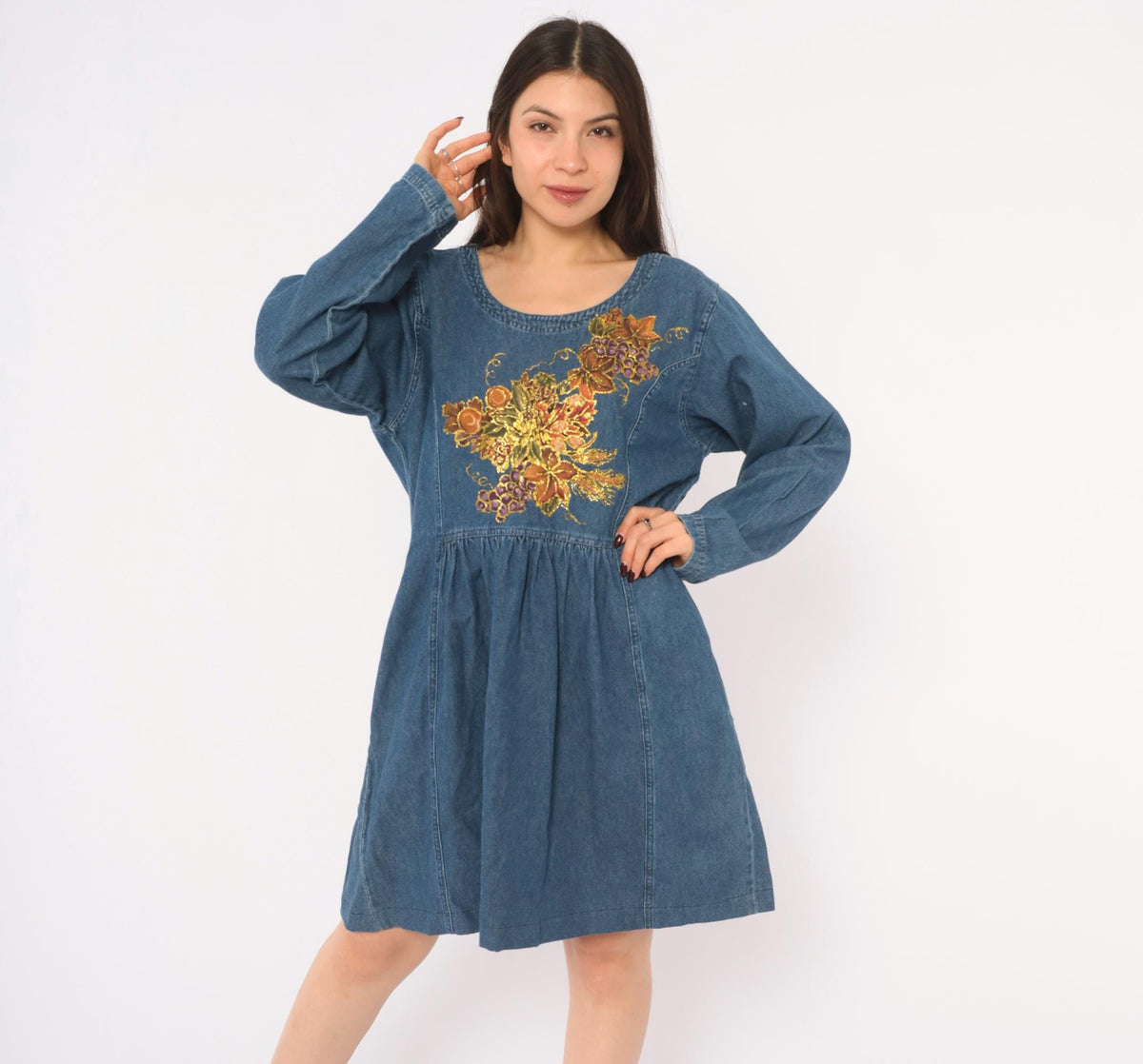 80s Sun Belt Denim Dress Hand Painted Grapes Gold Glitter Blue Cotton Large