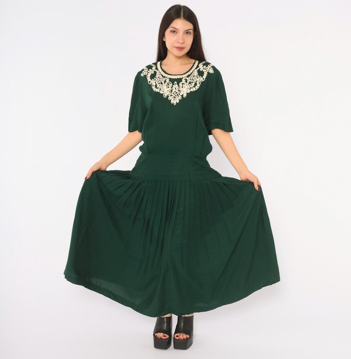 90s Plaza South Forest Green Maxi Dress Embroidered Floral Drop Waist Extra Large