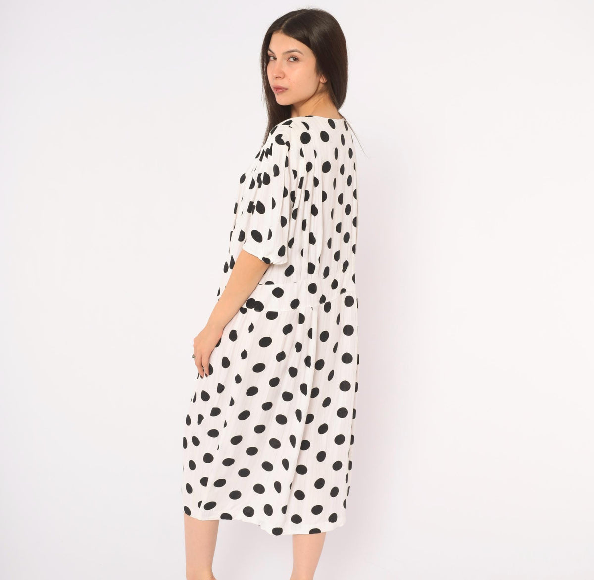90s Success Dress Polka Dot White Black Button Front Knee Dress Extra Large