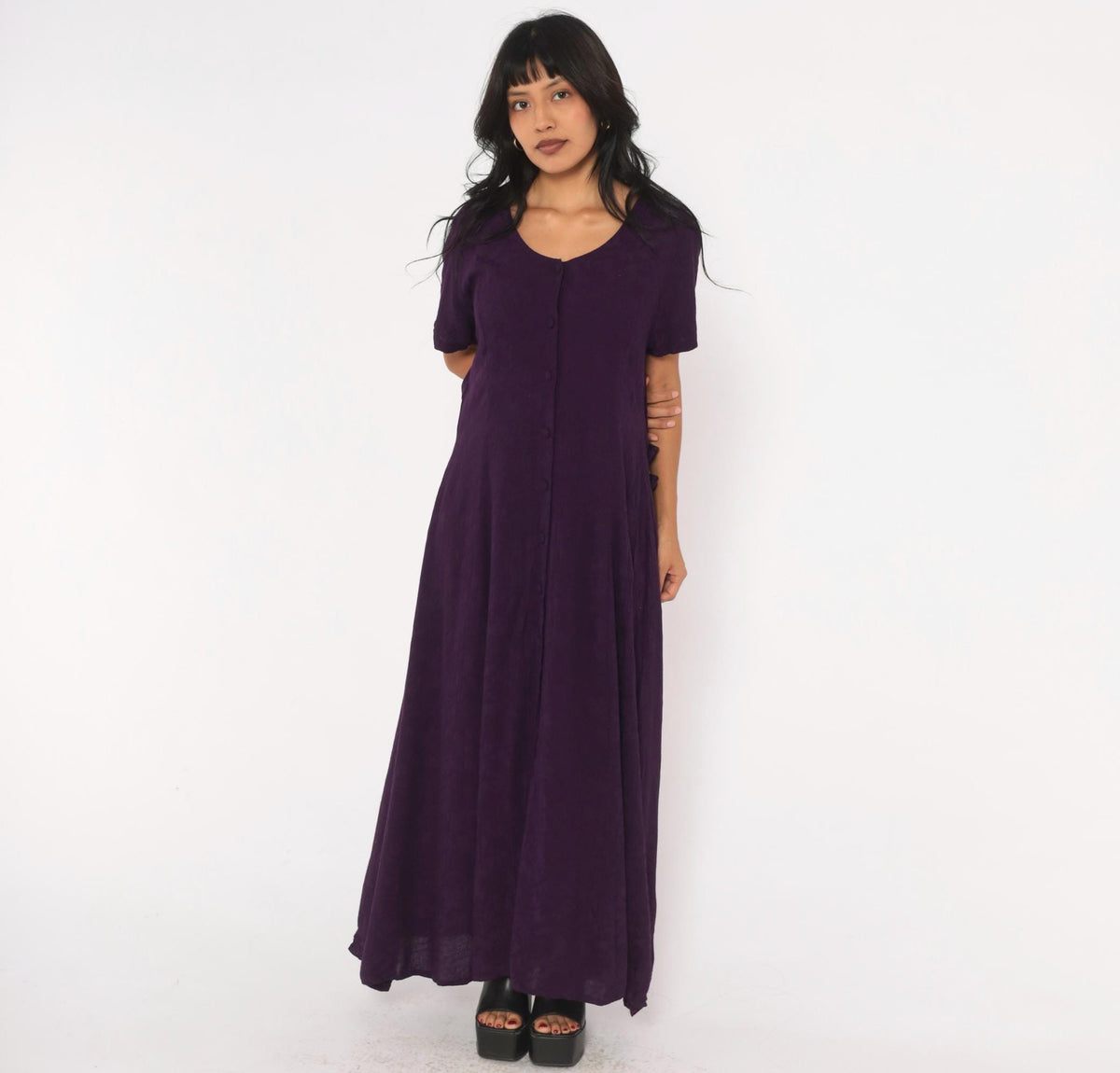 90s Dress Barn Purple Maxi Dress Button Front A-Line Short Sleeve Extra Large