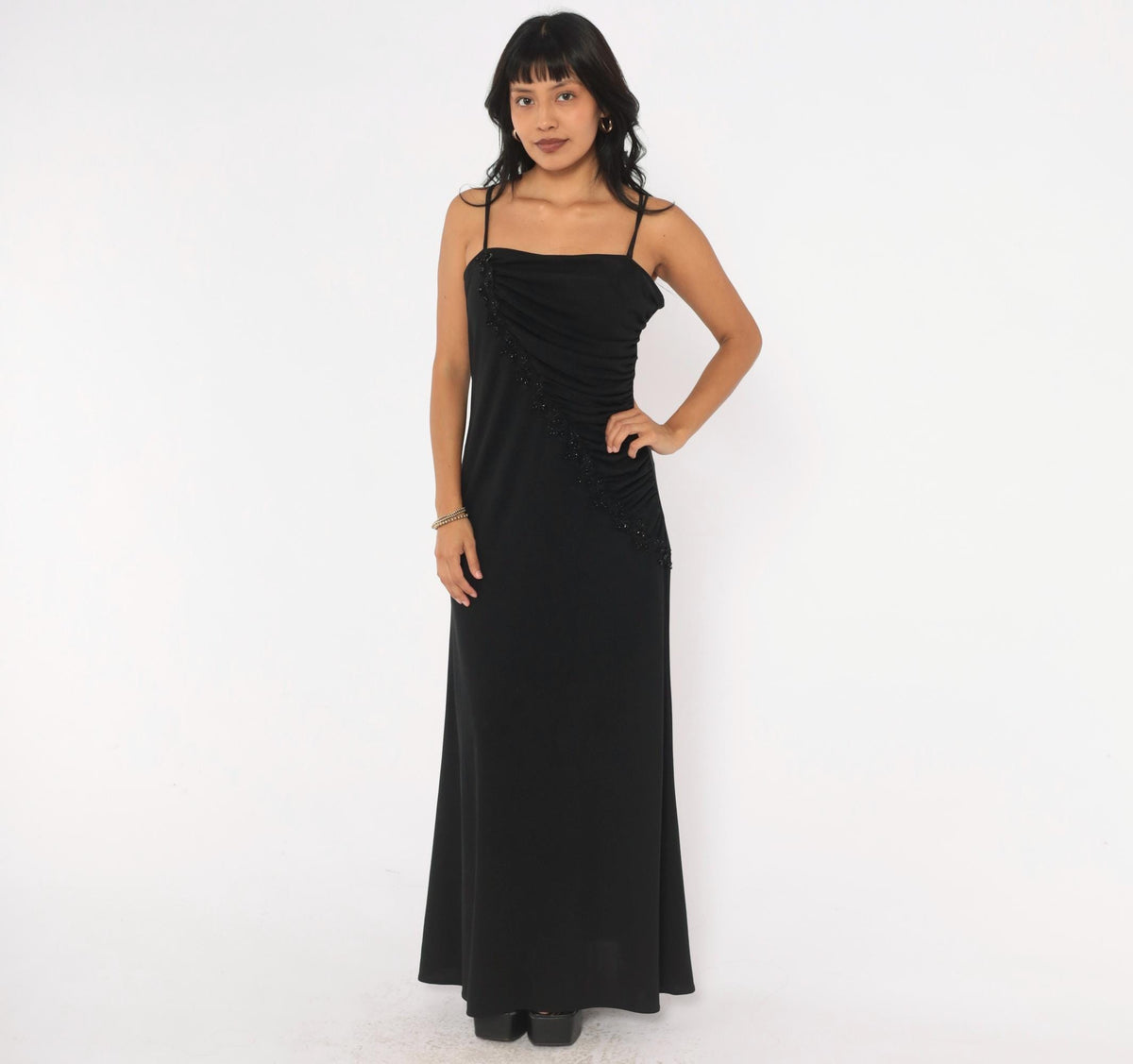 90s Scarlett Black Maxi Dress Beaded Trim Ruched Square Neck Medium M