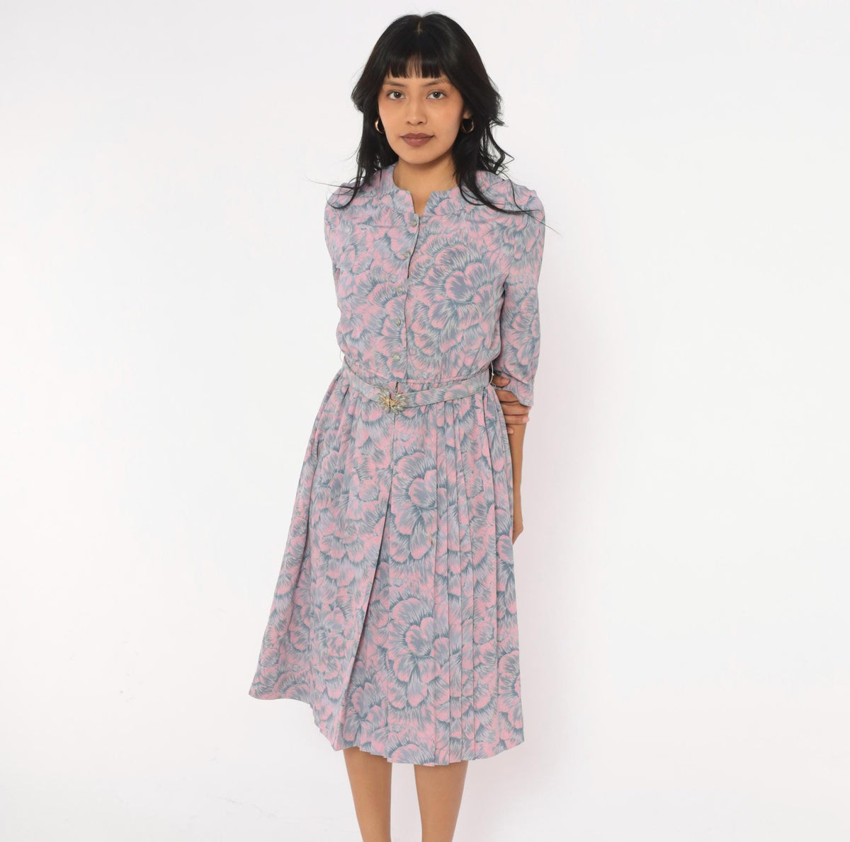 80s Silver Fashion Pink Grey Floral Blouson Dress Button Front Pleated Small S