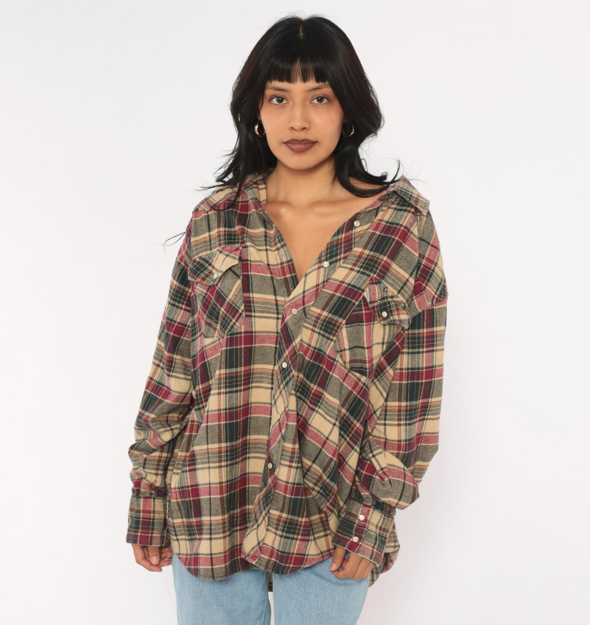 90s Plaid Flannel Shirt Tan Burgundy Pearl Snap Western Yoke Extra Large XXL