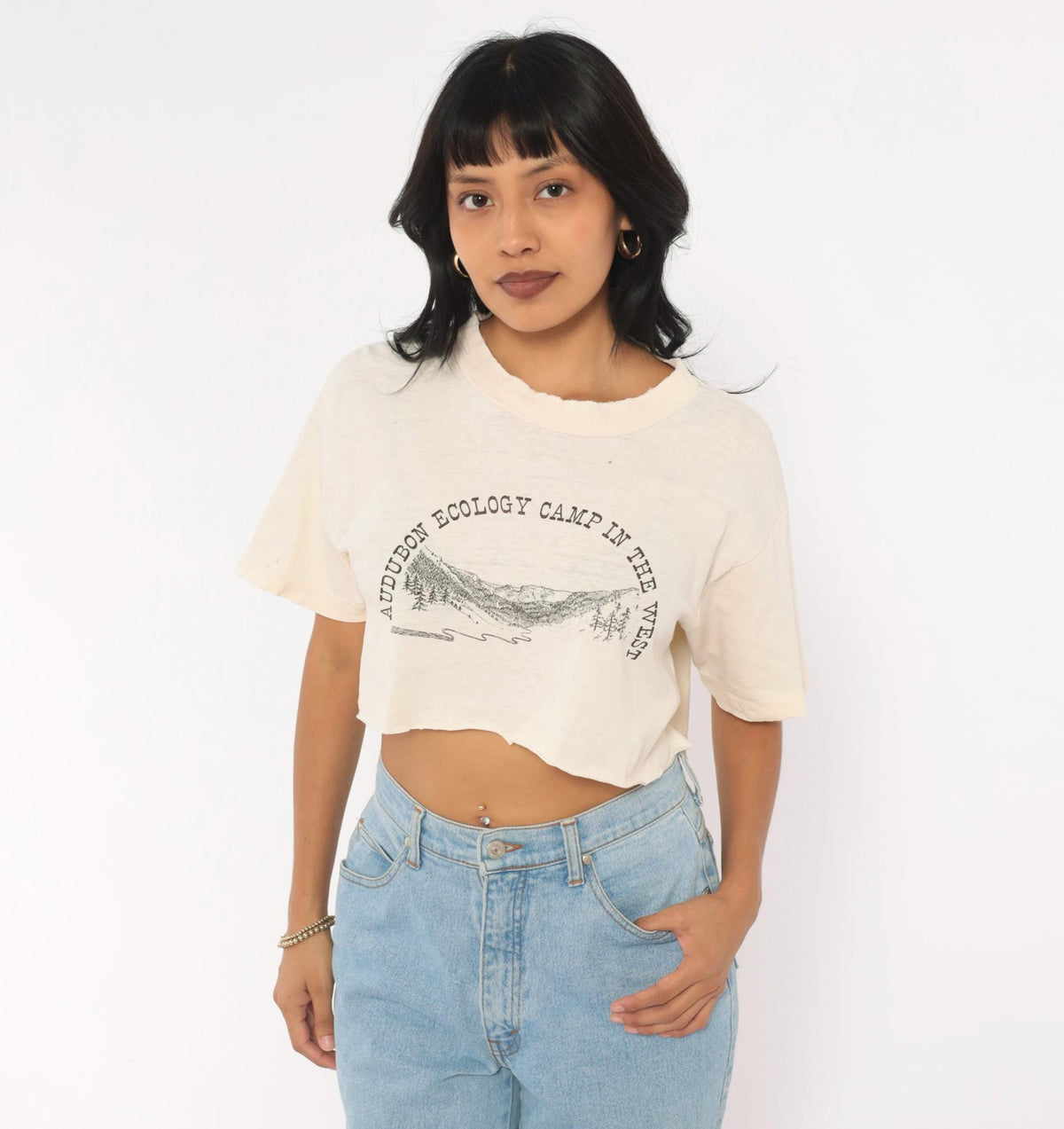 90s Audubon Ecology Camp Mountain Pine Tree Graphic Crop Top Cream Small