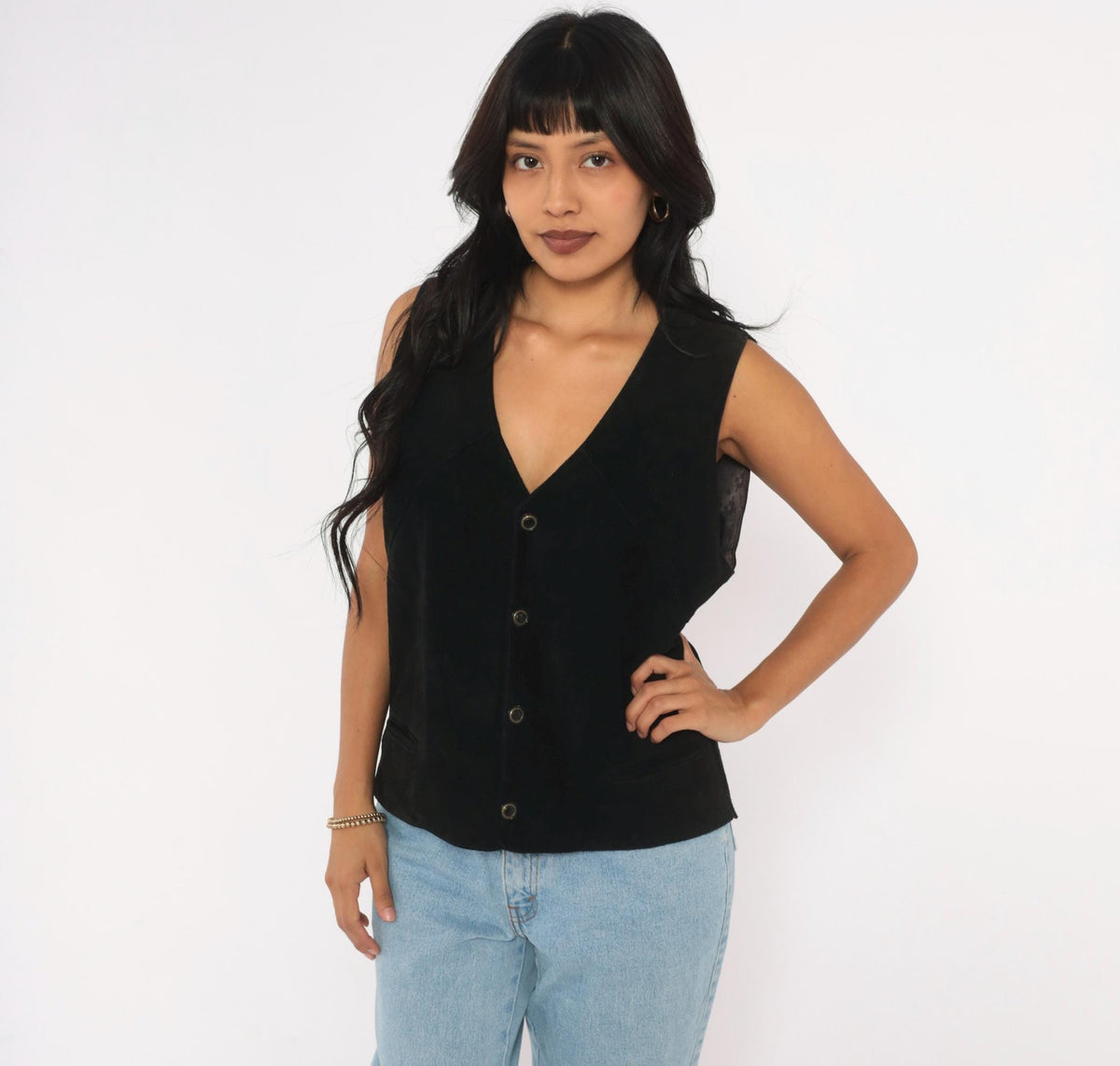 90s Black Suede Vest Deep V Snap Button Western Waistcoat Medium M