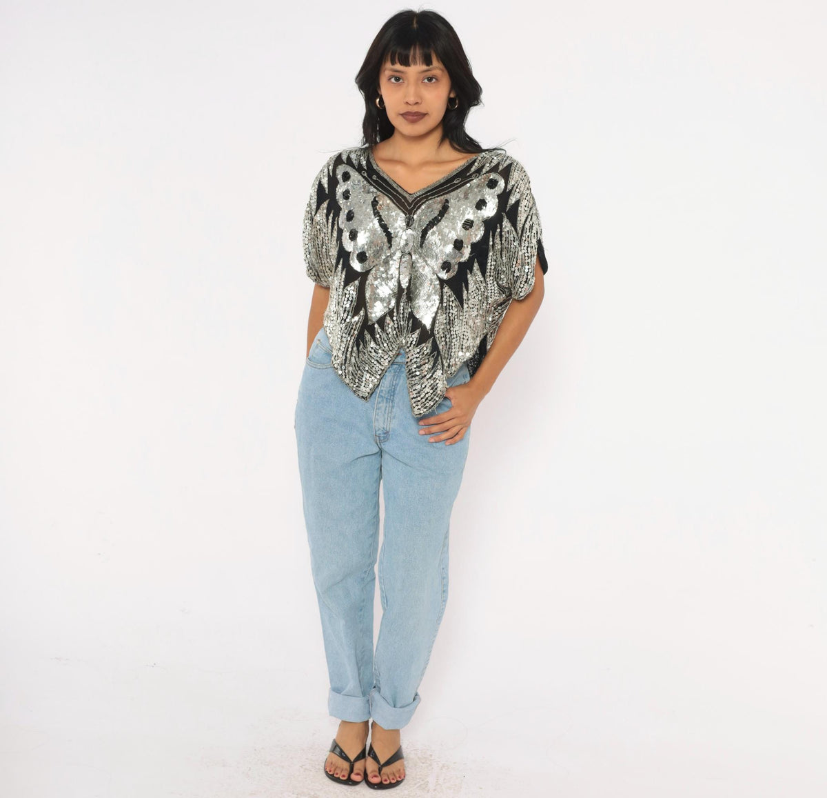 80s Silver Sequin Butterfly Silk Blouse Batwing Sleeve V Neck Medium