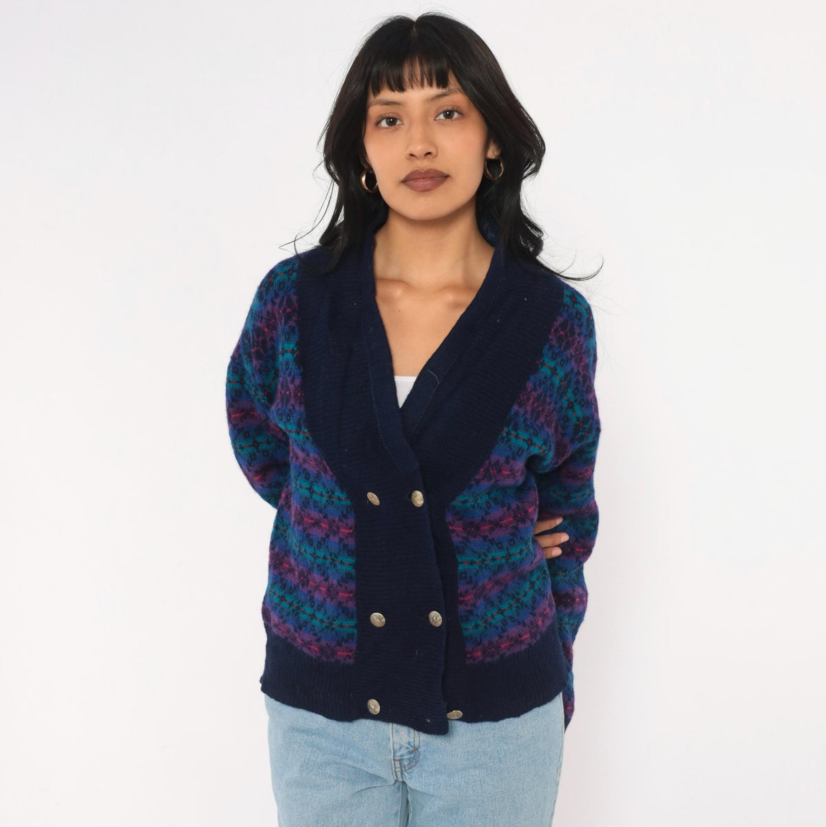 80s Fair Isle Cardigan Navy Wool Blend Shawl Collar Double Breasted Medium M