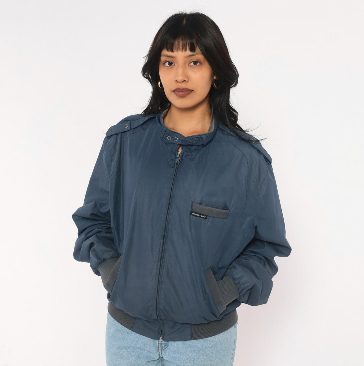 80s Members Only Bomber Jacket Navy Blue Snap Collar Grey Ribbed Trim Medium