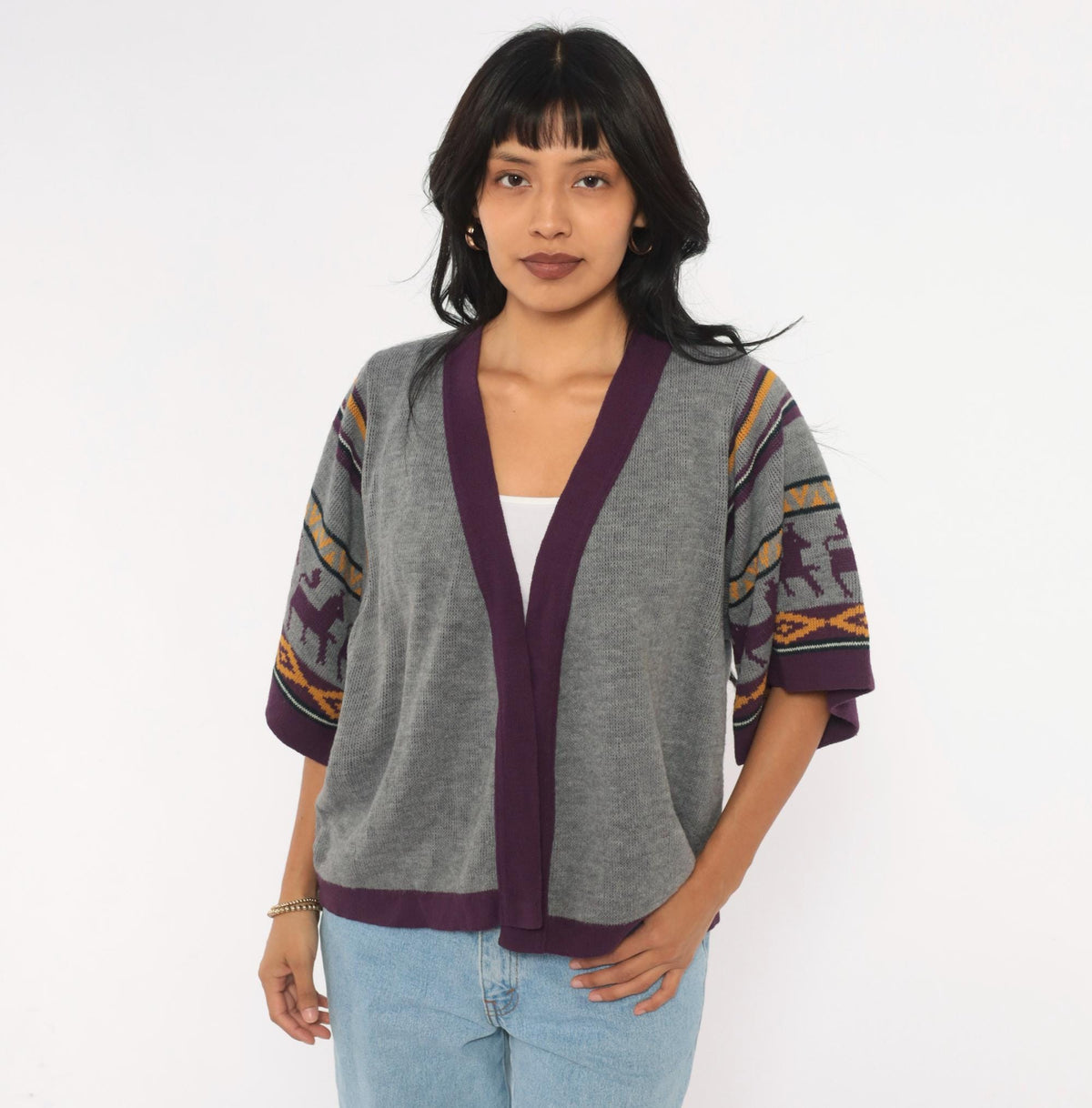 70s Southwestern Cardigan Gray Llama Alpaca Knit Kimono Sleeve Small Medium