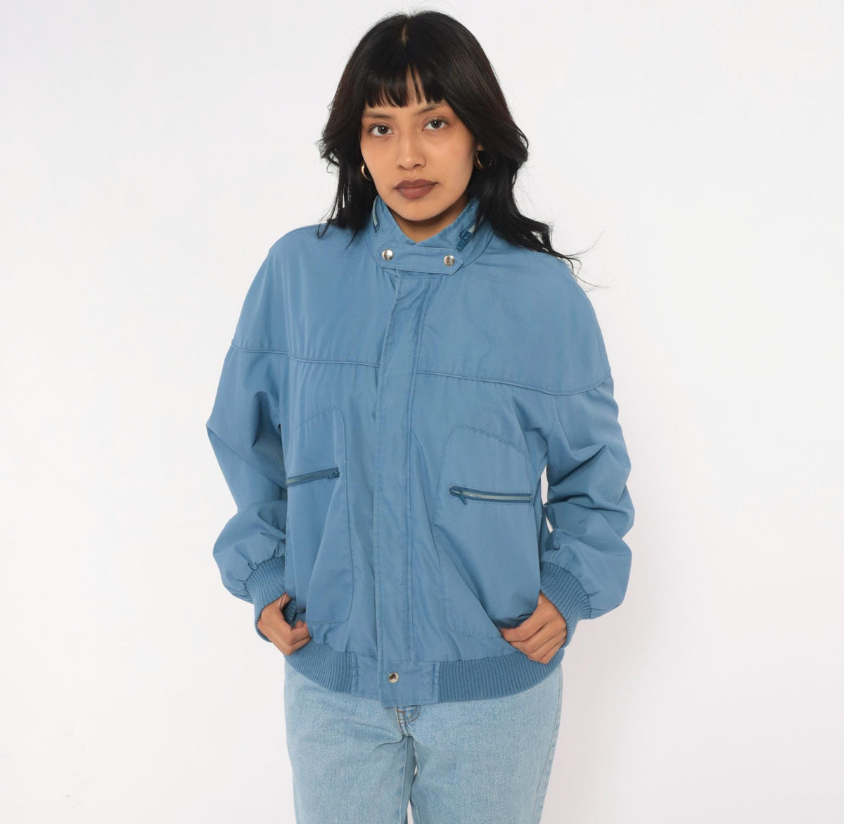 80s Crossings Bomber Jacket Slate Blue Dolman Sleeve Zip Front Medium
