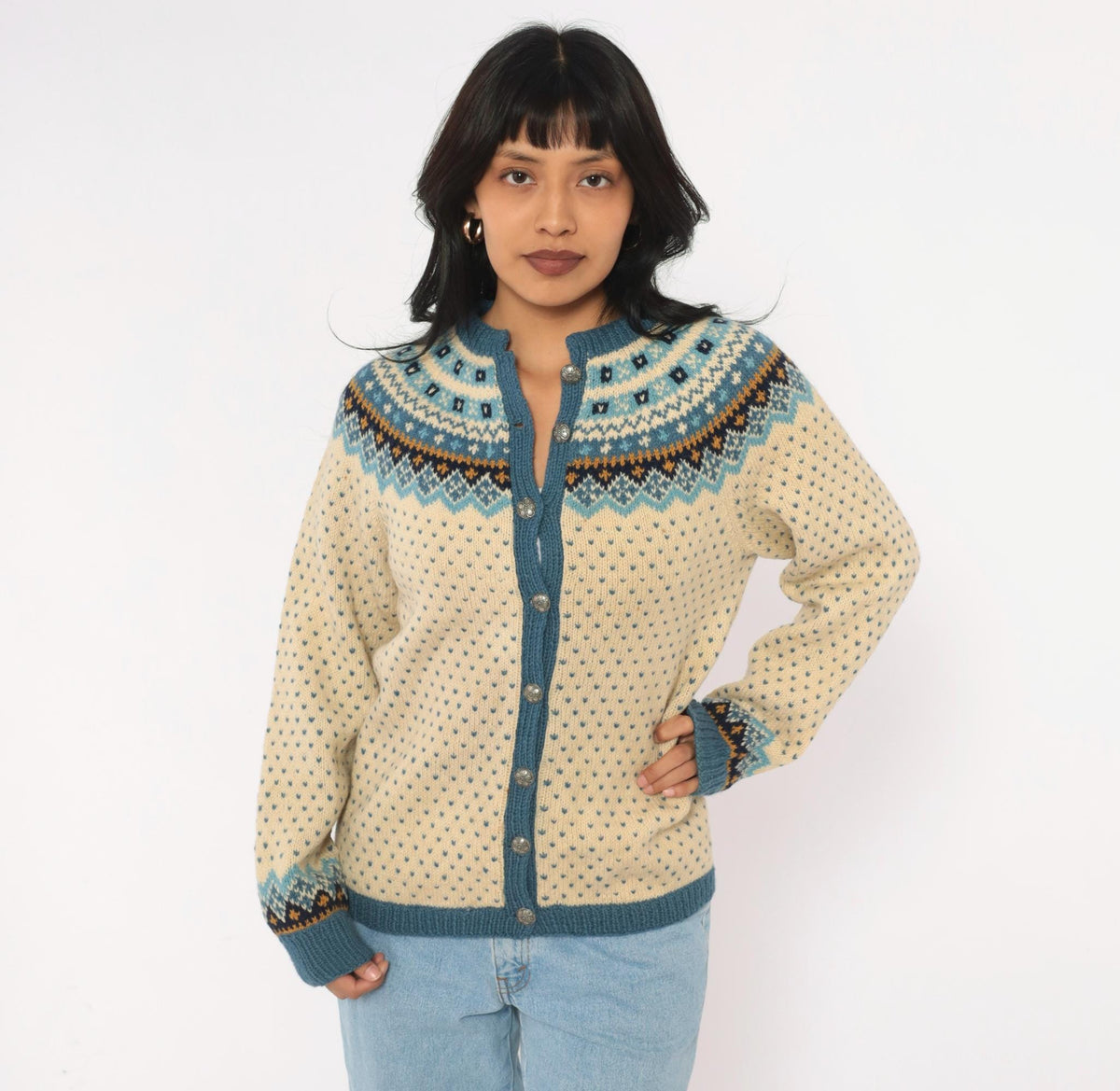70s Norsk Husflid Fair Isle Wool Cardigan Blue Cream Nordic Knit Small