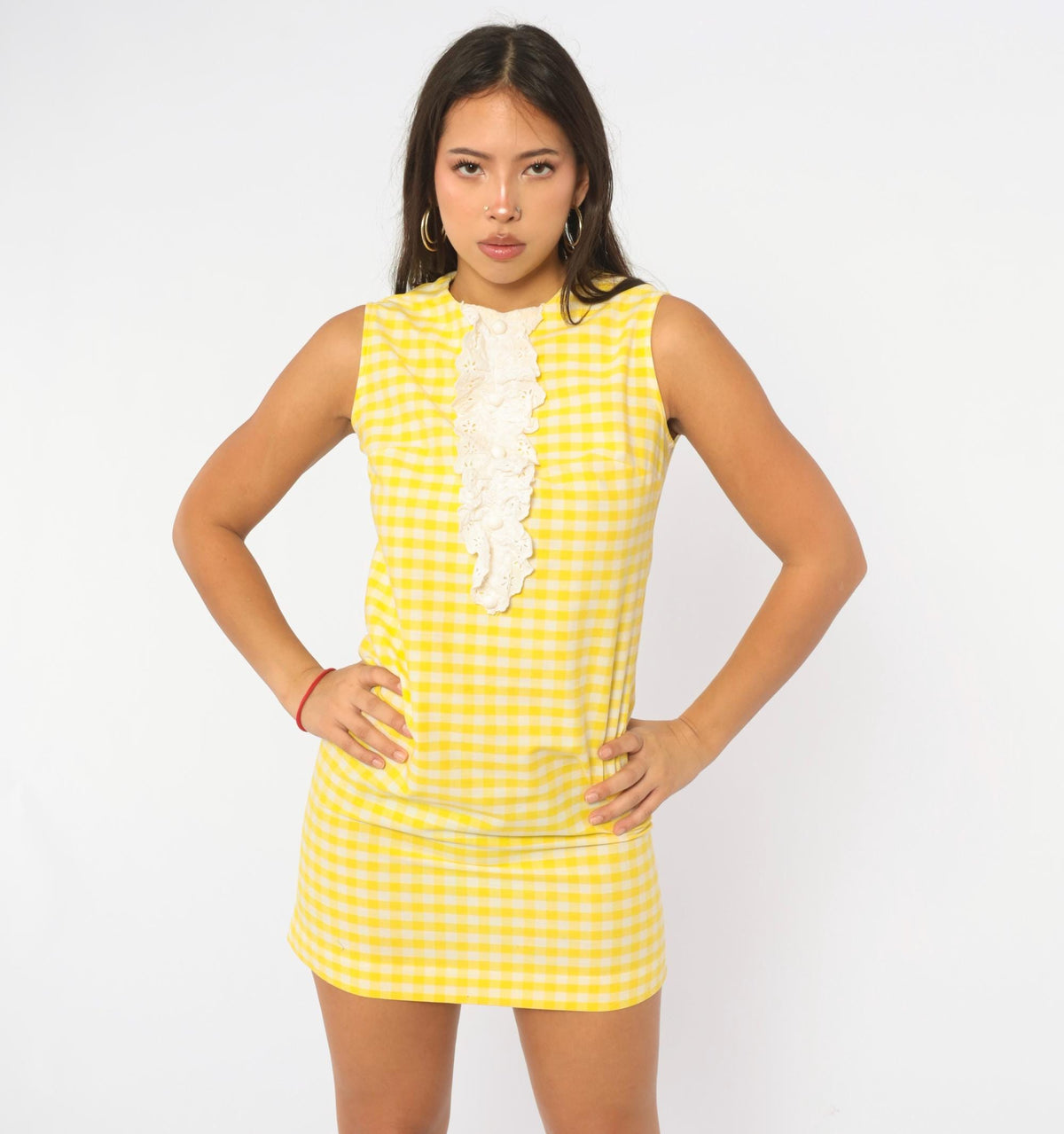 60s Yellow Gingham Eyelet Lace Shift Dress Sears Jr Bazaar Cotton XS