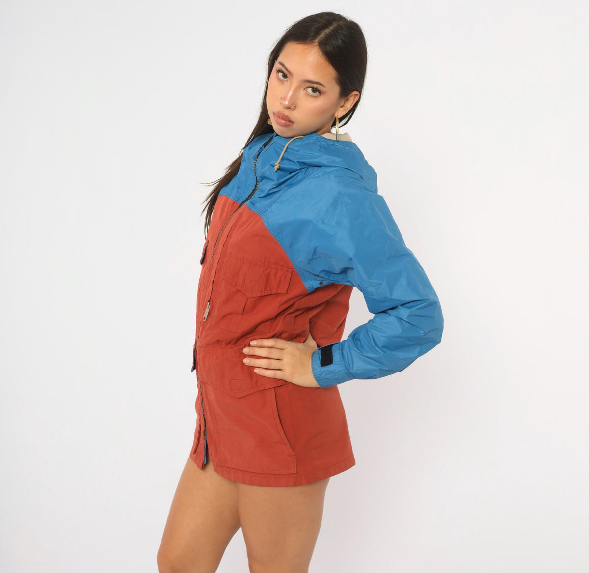 80s Jansport Hooded Windbreaker Cobalt Blue Rust Color Block Small