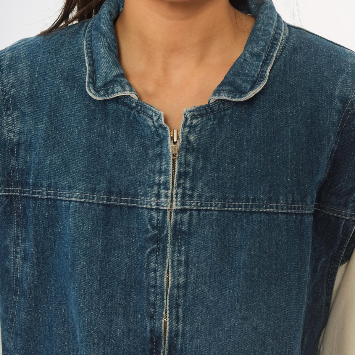 90s Dash Denim Bomber Jacket Blue Cream Color Block Dolman Large