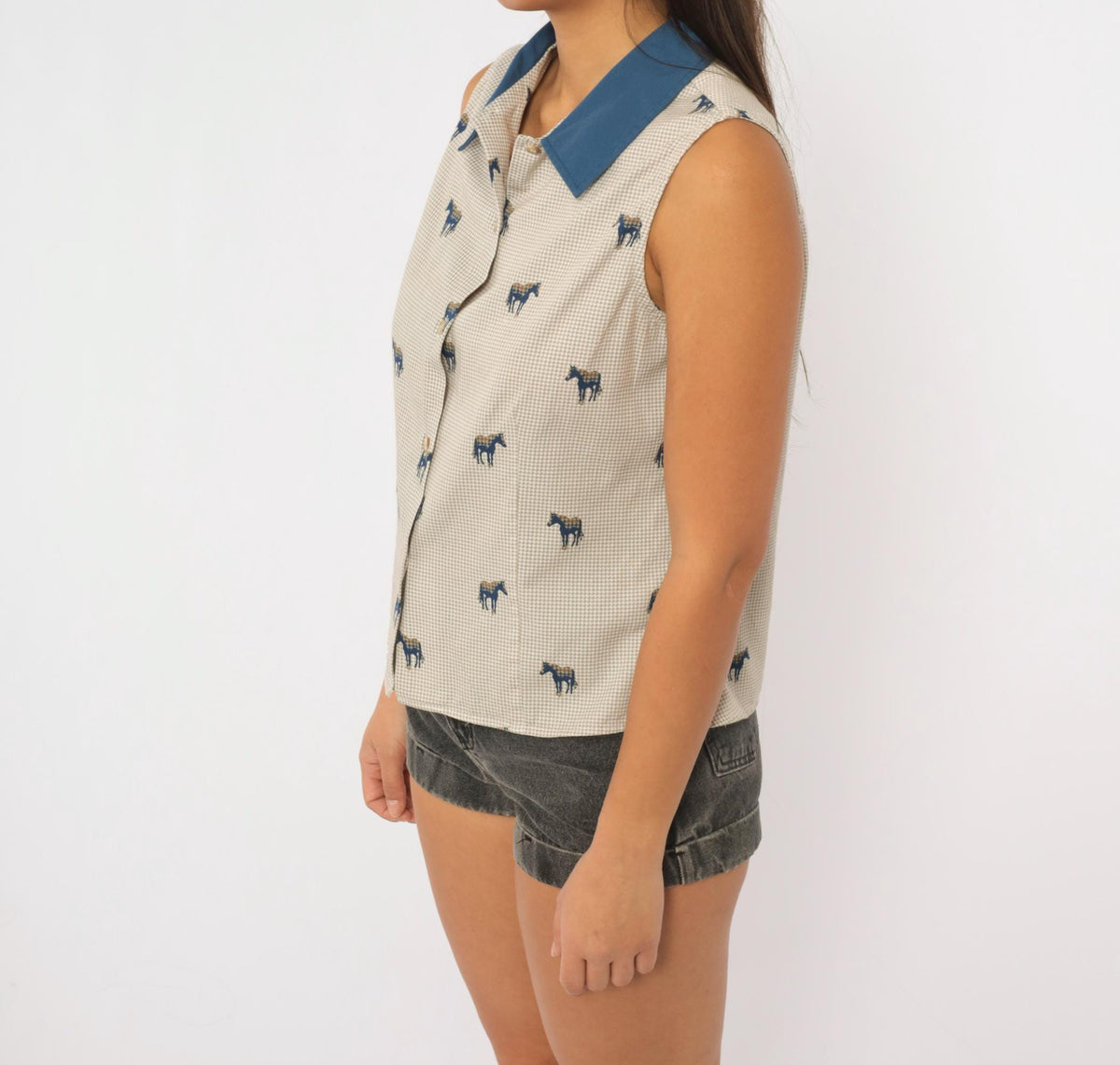 90s Five Star Horse Print Sleeveless Blouse Beige Cobalt Collar Small