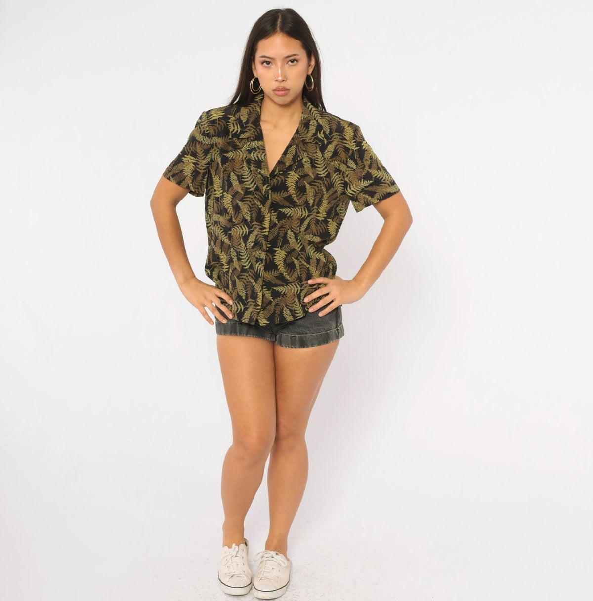 90s Joan Leslie Fern Print Camp Collar Shirt Black Olive Botanical Large L