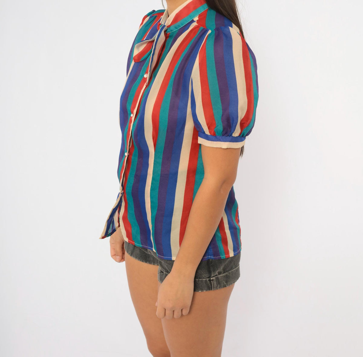 80s Ms. Paquette Striped Blouse Puff Sleeve Bow Tie Neck Button Front Medium