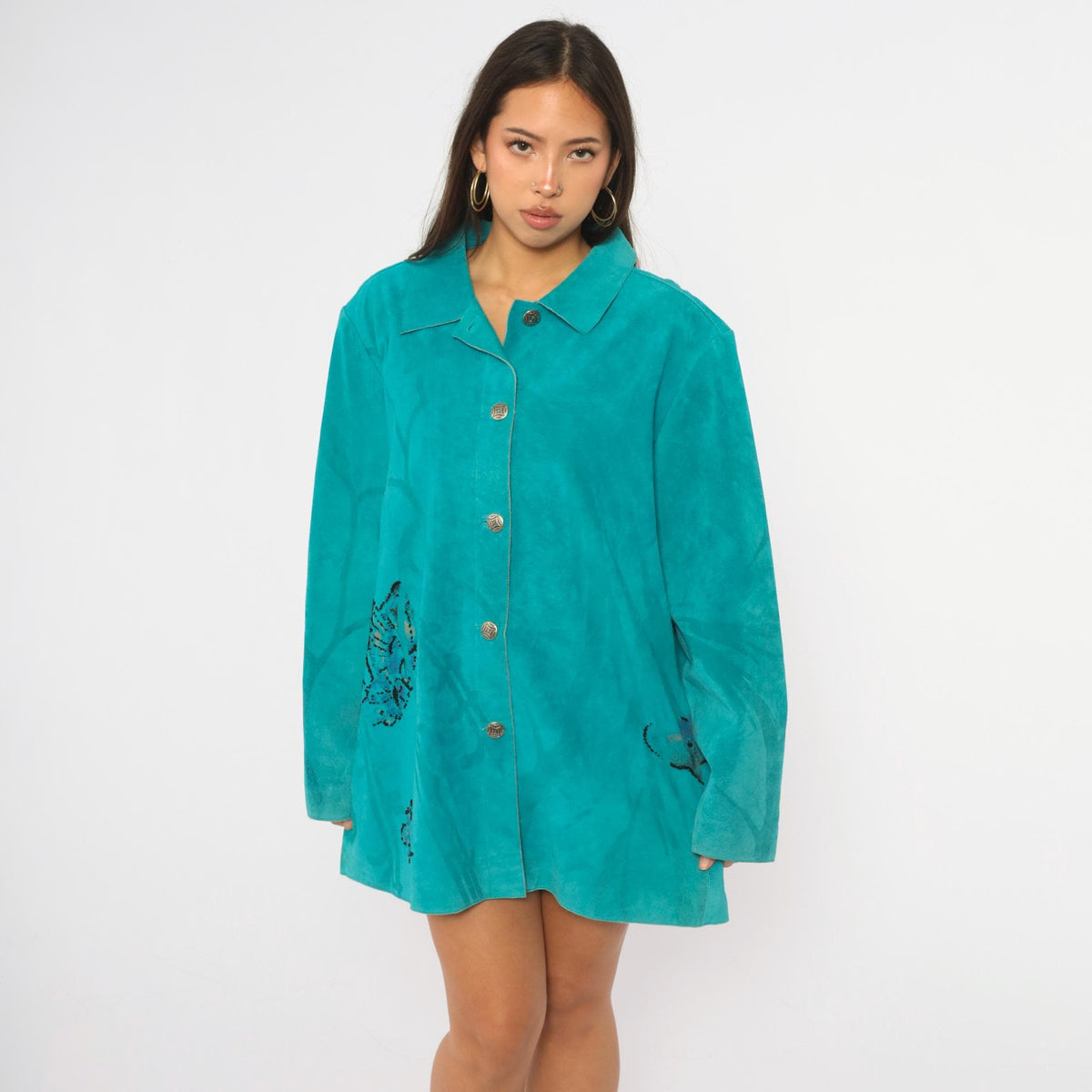 90s Chicos Turquoise Suede Jacket Beaded Butterfly Painted Back Large L