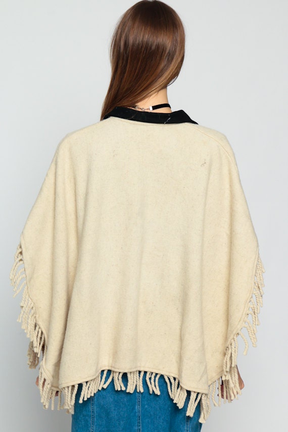 1980s Cream Knit Cape Coat Black Collar Fringe Trim One Size