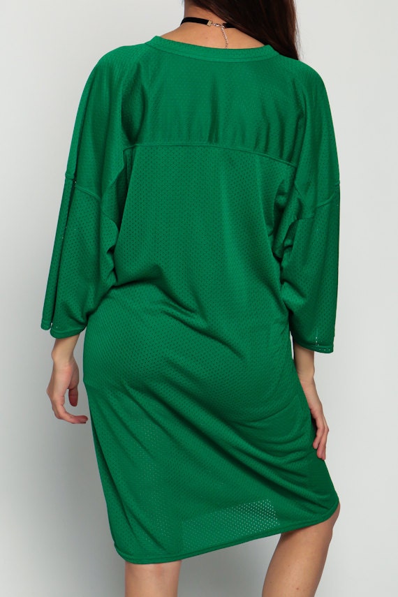90s Football Jersey Dress Green Mesh V-Neck Mini Long Sleeve Extra Large